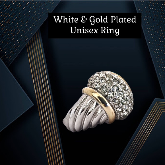 .Unisex White & Yellow Gold Plated Ring w/Clear Rhinestones - Picture 3 of 4